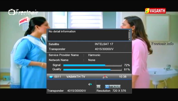 Vasanth TV news and entertainment Tamil FTA on Intelsat 17, Know satellite frequency, TP list, Vasanth TV channel numbers on Sun Direct, Tata Play, Dish TV, Videocon d2h, Airtel digital TV, and Zing Digital.