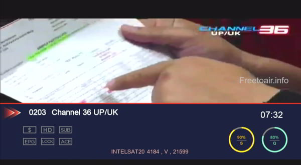 Channel 36 UP/UK is a free-to-air TV channel, know Channel 36 UP/UK channel number and Channel 36 UP/UK satellite frequency on Intelsat 20 setting